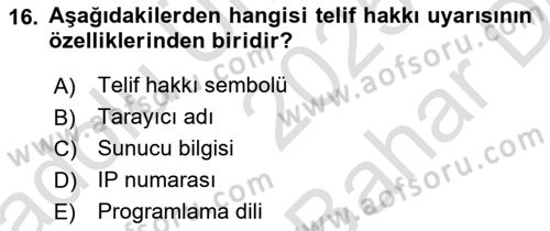 Web’de Telif Hakları ve Etik Dersi 2025 - 2026 Yılı (Vize) Ara Sınav Soruları 16. Soru
