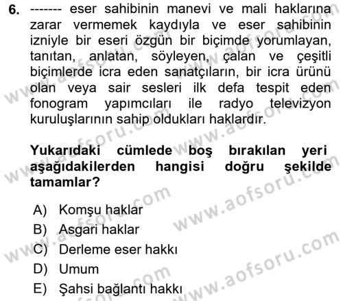 Web’de Telif Hakları ve Etik Dersi 2025 - 2026 Yılı (Vize) Ara Sınav Soruları 6. Soru