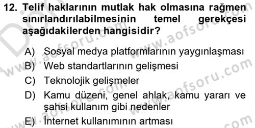 Web’de Telif Hakları ve Etik Dersi 2025 - 2026 Yılı (Final) Dönem Sonu Sınav Soruları 12. Soru