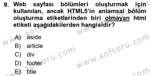 Web Tabanlı Kodlama Dersi 2017 - 2018 Yılı 3 Ders Sınav Soruları 9. Soru