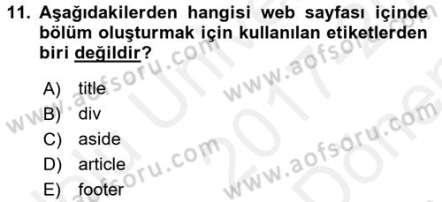 Web Tabanlı Kodlama Dersi 2017 - 2018 Yılı (Final) Dönem Sonu Sınav Soruları 11. Soru