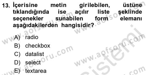 Web Tabanlı Kodlama Dersi 2018 - 2019 Yılı 3 Ders Sınav Soruları 13. Soru