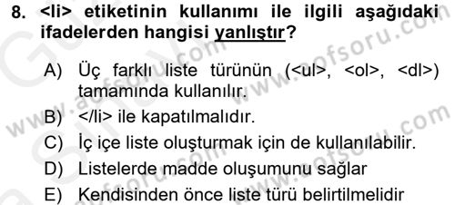 Web Tabanlı Kodlama Dersi 2018 - 2019 Yılı (Vize) Ara Sınav Soruları 8. Soru