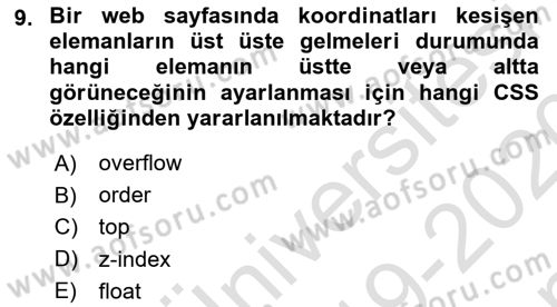 Web Tabanlı Kodlama Dersi 2019 - 2020 Yılı (Final) Dönem Sonu Sınav Soruları 9. Soru