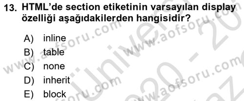 Web Tabanlı Kodlama Dersi 2020 - 2021 Yılı Yaz Okulu Sınav Soruları 13. Soru