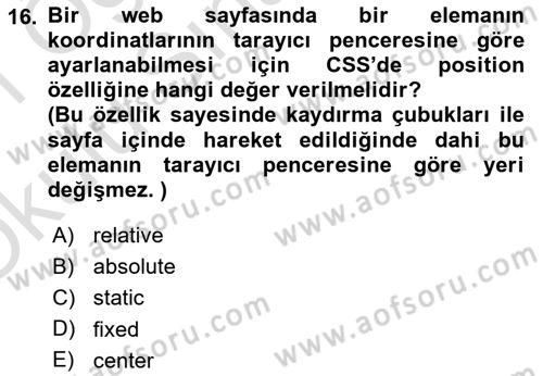 Web Tabanlı Kodlama Dersi 2020 - 2021 Yılı Yaz Okulu Sınav Soruları 16. Soru