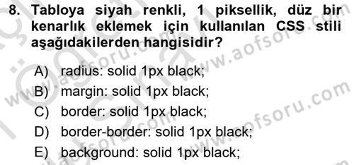 Web Tabanlı Kodlama Dersi 2020 - 2021 Yılı Yaz Okulu Sınav Soruları 8. Soru