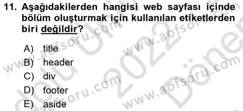 Web Tabanlı Kodlama Dersi 2022 - 2023 Yılı (Final) Dönem Sonu Sınav Soruları 11. Soru