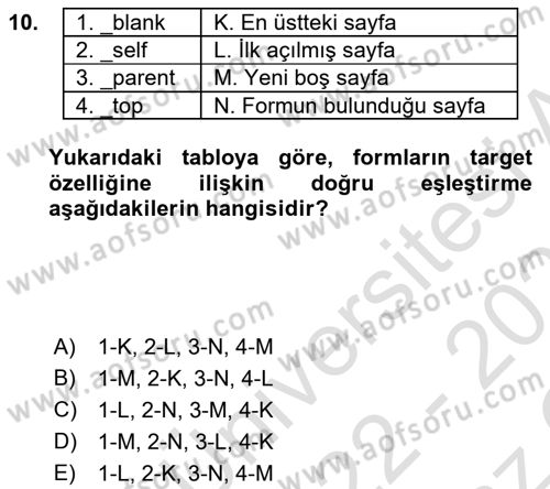 Web Tabanlı Kodlama Dersi 2022 - 2023 Yılı Yaz Okulu Sınav Soruları 10. Soru