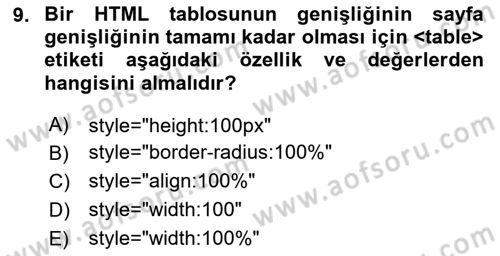 Web Tabanlı Kodlama Dersi 2023 - 2024 Yılı Yaz Okulu Sınav Soruları 9. Soru