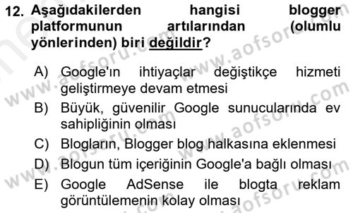 Web Tasarımı Satış ve Pazarlama Dersi 2017 - 2018 Yılı (Vize) Ara Sınav Soruları 12. Soru