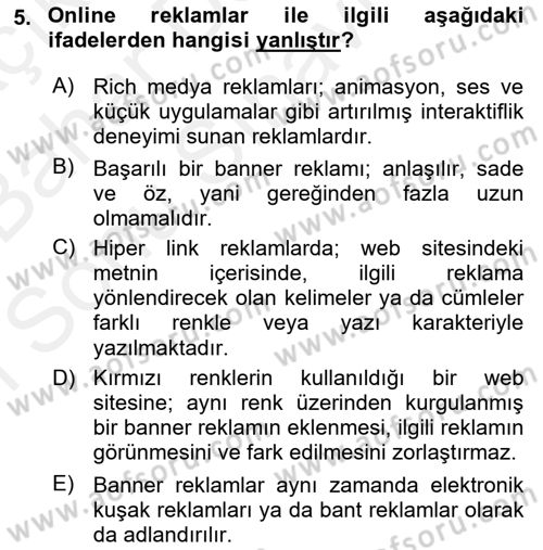 Web Tasarımı Satış ve Pazarlama Dersi 2018 - 2019 Yılı (Final) Dönem Sonu Sınav Soruları 5. Soru