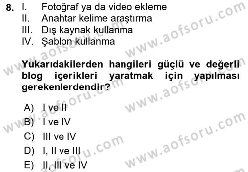 Web Tasarımı Satış ve Pazarlama Dersi 2020 - 2021 Yılı Yaz Okulu Sınav Soruları 8. Soru