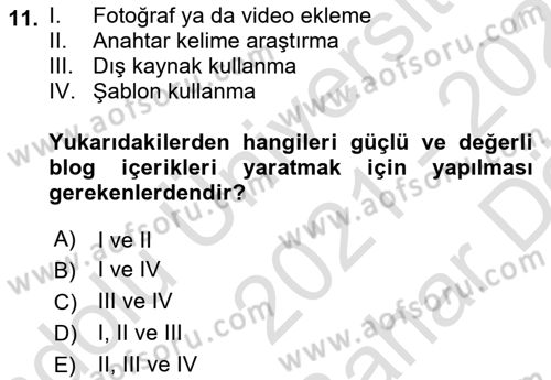 Web Tasarımı Satış ve Pazarlama Dersi 2021 - 2022 Yılı (Vize) Ara Sınav Soruları 11. Soru