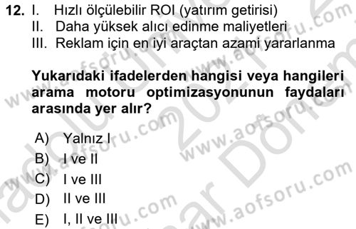 Web Tasarımı Satış ve Pazarlama Dersi 2021 - 2022 Yılı (Final) Dönem Sonu Sınav Soruları 12. Soru