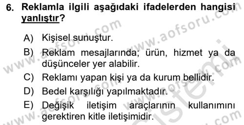 Web Tasarımı Satış ve Pazarlama Dersi 2021 - 2022 Yılı (Final) Dönem Sonu Sınav Soruları 6. Soru