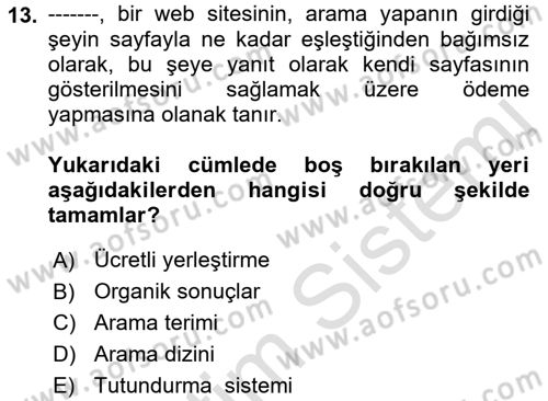 Web Tasarımı Satış ve Pazarlama Dersi 2021 - 2022 Yılı Yaz Okulu Sınav Soruları 13. Soru