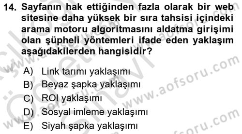 Web Tasarımı Satış ve Pazarlama Dersi 2021 - 2022 Yılı Yaz Okulu Sınav Soruları 14. Soru