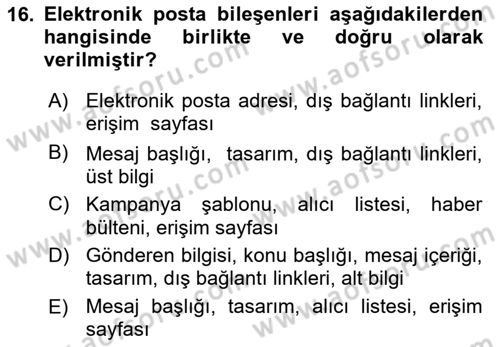 Web Tasarımı Satış ve Pazarlama Dersi 2021 - 2022 Yılı Yaz Okulu Sınav Soruları 16. Soru