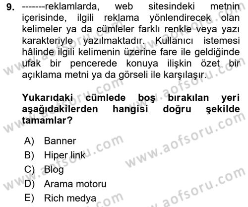 Web Tasarımı Satış ve Pazarlama Dersi 2021 - 2022 Yılı Yaz Okulu Sınav Soruları 9. Soru