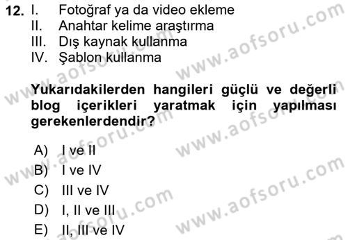 Web Tasarımı Satış ve Pazarlama Dersi 2023 - 2024 Yılı (Vize) Ara Sınav Soruları 12. Soru