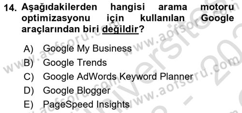Web Tasarımı Satış ve Pazarlama Dersi 2023 - 2024 Yılı Yaz Okulu Sınav Soruları 14. Soru