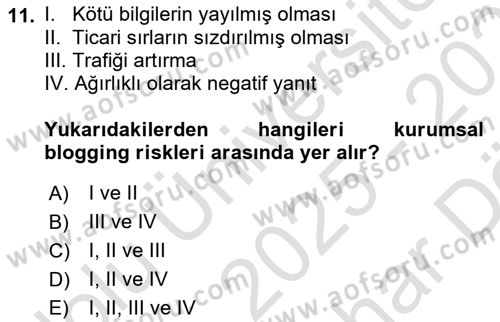 Web Tasarımı Satış ve Pazarlama Dersi 2025 - 2026 Yılı (Vize) Ara Sınav Soruları 11. Soru