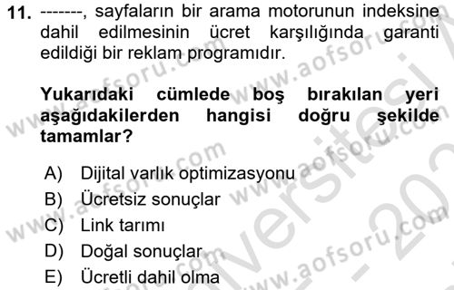 Web Tasarımı Satış ve Pazarlama Dersi 2025 - 2026 Yılı (Final) Dönem Sonu Sınav Soruları 11. Soru