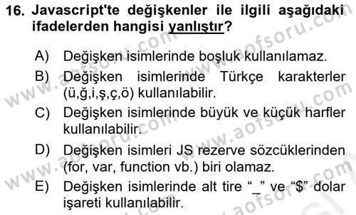 İnternet Tabanlı Programlama Dersi 2018 - 2019 Yılı (Vize) Ara Sınav Soruları 16. Soru
