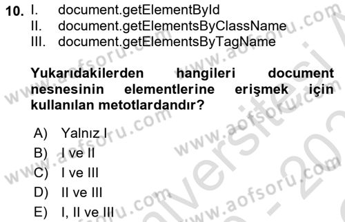 İnternet Tabanlı Programlama Dersi 2020 - 2021 Yılı Yaz Okulu Sınav Soruları 10. Soru