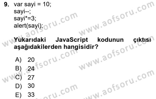 İnternet Tabanlı Programlama Dersi 2020 - 2021 Yılı Yaz Okulu Sınav Soruları 9. Soru