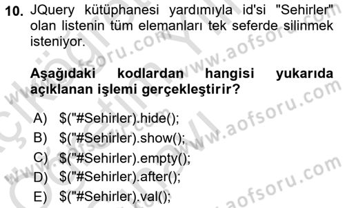 İnternet Tabanlı Programlama Dersi 2021 - 2022 Yılı Yaz Okulu Sınav Soruları 10. Soru