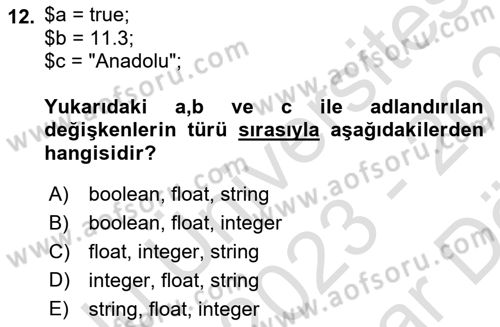 İnternet Tabanlı Programlama Dersi 2023 - 2024 Yılı (Vize) Ara Sınav Soruları 12. Soru