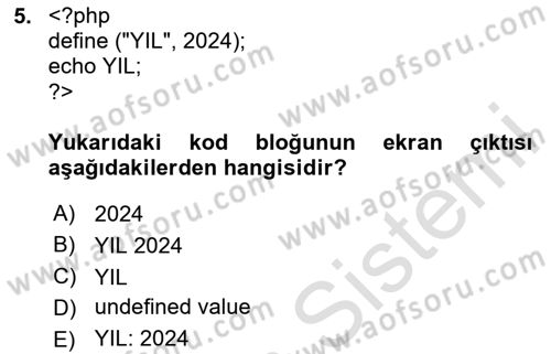 İnternet Tabanlı Programlama Dersi 2023 - 2024 Yılı Yaz Okulu Sınav Soruları 5. Soru