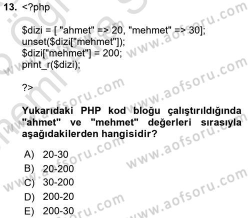 İnternet Tabanlı Programlama Dersi 2024 - 2025 Yılı (Vize) Ara Sınav Soruları 13. Soru