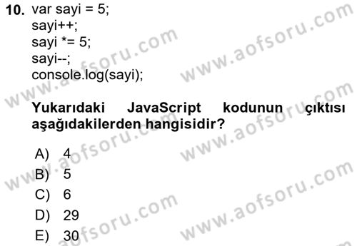 İnternet Tabanlı Programlama Dersi 2024 - 2025 Yılı Yaz Okulu Sınav Soruları 10. Soru