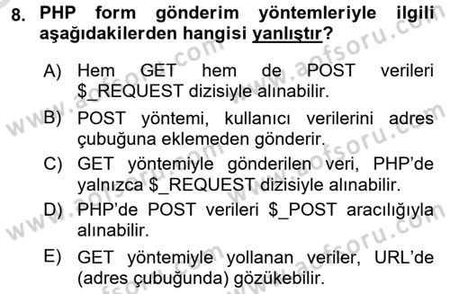 İnternet Tabanlı Programlama Dersi 2024 - 2025 Yılı Yaz Okulu Sınav Soruları 8. Soru