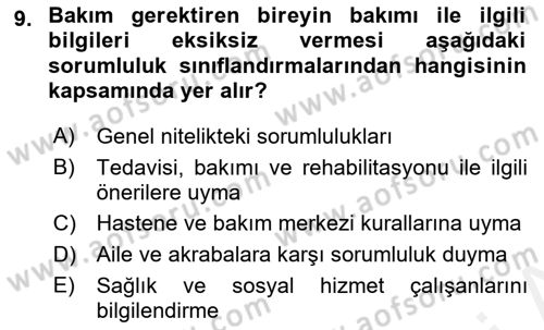 Bakım Elemanı Yetiştirme Ve Geliştirme 1 Dersi Ara Sınavı Deneme Sınav Soruları 9. Soru