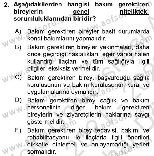 Bakım Elemanı Yetiştirme Ve Geliştirme 1 Dersi Ara Sınavı Deneme Sınav Soruları 2. Soru
