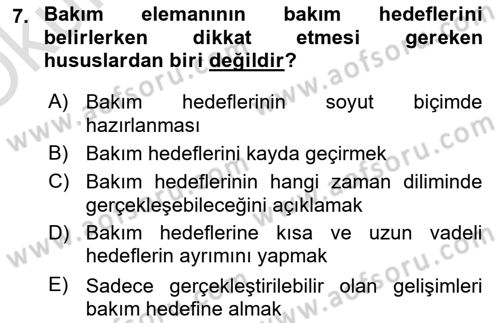 Bakım Elemanı Yetiştirme Ve Geliştirme 1 Dersi 2025 - 2026 Yılı Yaz Okulu Sınav Soruları 7. Soru