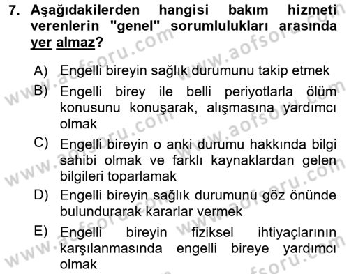 Bakım Elemanı Yetiştirme Ve Geliştirme 2 Dersi 2023 - 2024 Yılı Yaz Okulu Sınav Soruları 7. Soru
