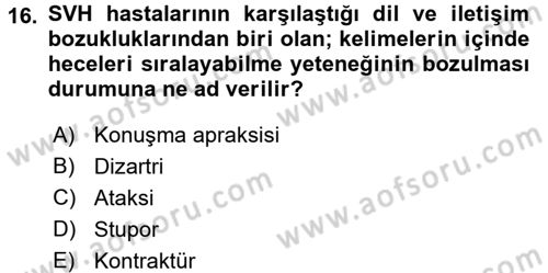 Yaşlılarda Görülebilecek Sorunlar Ve Bakım Hizmetleri Dersi 2016 - 2017 Yılı 3 Ders Sınavı 16. Soru