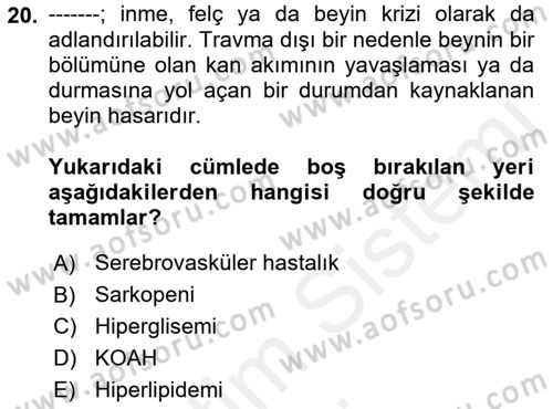 Yaşlılarda Görülebilecek Sorunlar Ve Bakım Hizmetleri Dersi 2018 - 2019 Yılı (Final) Dönem Sonu Sınav Soruları 20. Soru