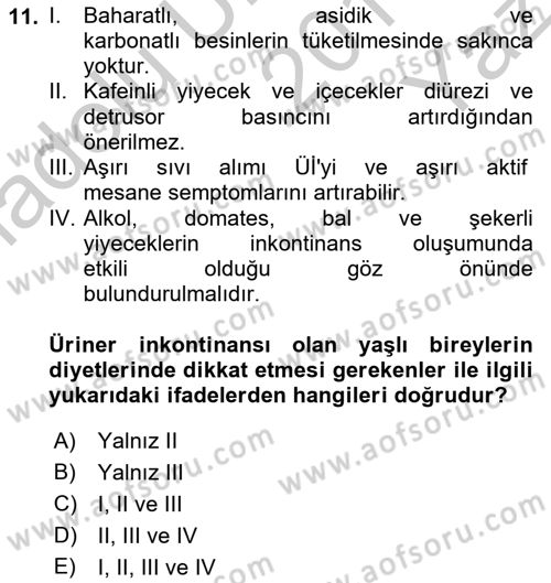 Yaşlılarda Görülebilecek Sorunlar Ve Bakım Hizmetleri Dersi 2018 - 2019 Yılı Yaz Okulu Sınav Soruları 11. Soru