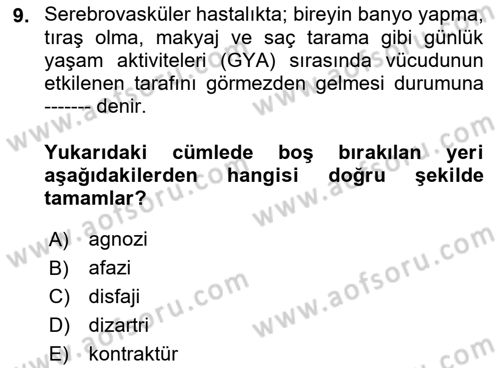 Yaşlılarda Görülebilecek Sorunlar Ve Bakım Hizmetleri Dersi 2018 - 2019 Yılı Yaz Okulu Sınav Soruları 9. Soru