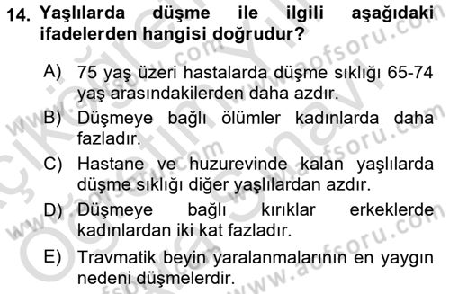 Yaşlılarda Görülebilecek Sorunlar Ve Bakım Hizmetleri Dersi 2023 - 2024 Yılı (Vize) Ara Sınav Soruları 14. Soru