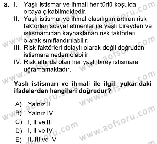 Psiko-Sosyal Rehabilitasyon Dersi 2018 - 2019 Yılı (Final) Dönem Sonu Sınav Soruları 8. Soru