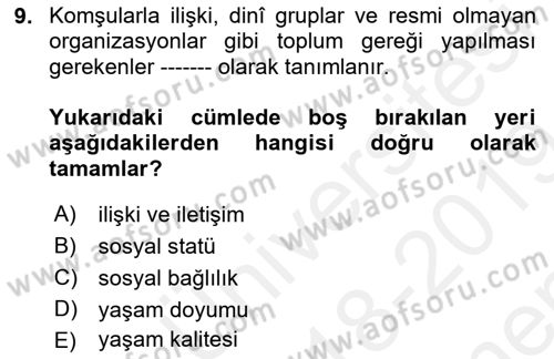 Psiko-Sosyal Rehabilitasyon Dersi 2018 - 2019 Yılı (Final) Dönem Sonu Sınav Soruları 9. Soru