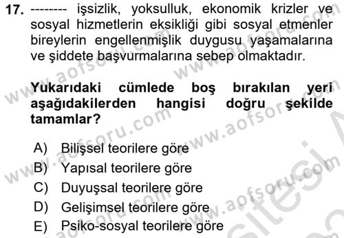 Psiko-Sosyal Rehabilitasyon Dersi 2020 - 2021 Yılı Yaz Okulu Sınav Soruları 17. Soru