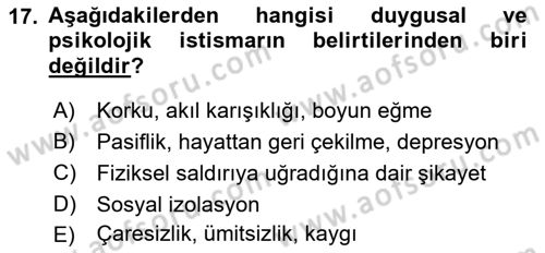Psiko-Sosyal Rehabilitasyon Dersi 2021 - 2022 Yılı Yaz Okulu Sınav Soruları 17. Soru
